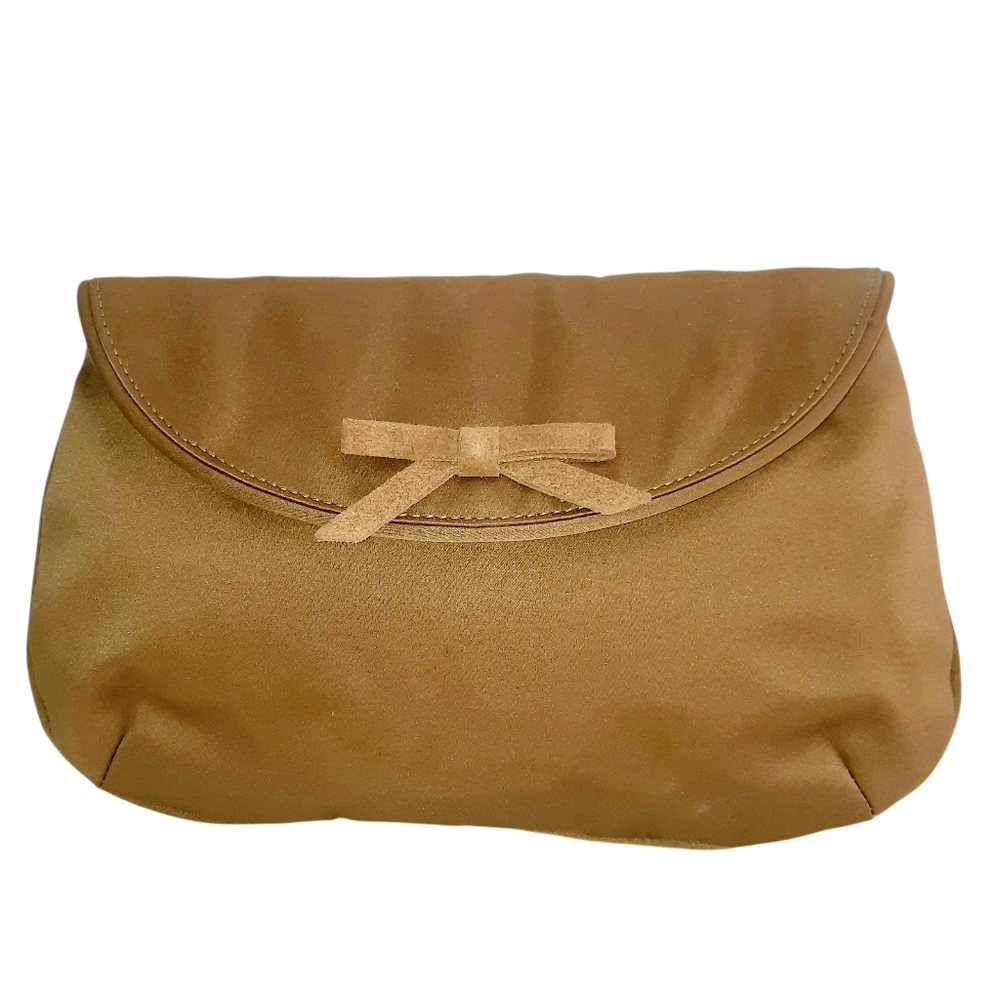 TANNER Satin Flap Front Convertible Clutch Shoulder Bag Golden Tan Made In Italy